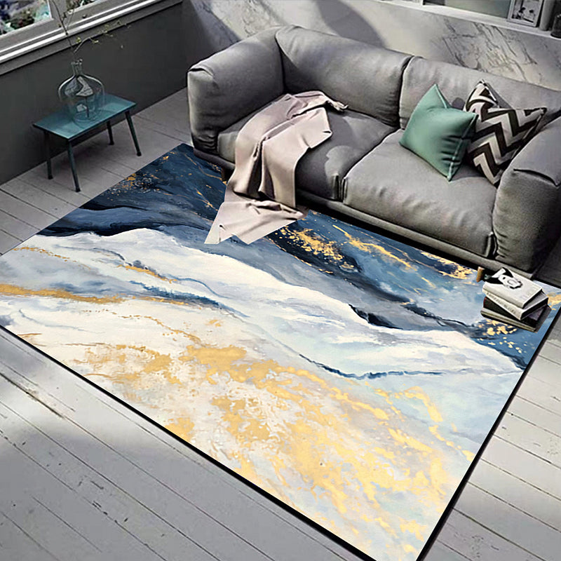 Sikunuo | Blue and Gold Bedroom Carpet Modern Abstract Cloud Pattern Area Rug Polyester Non-Slip Washable Rug