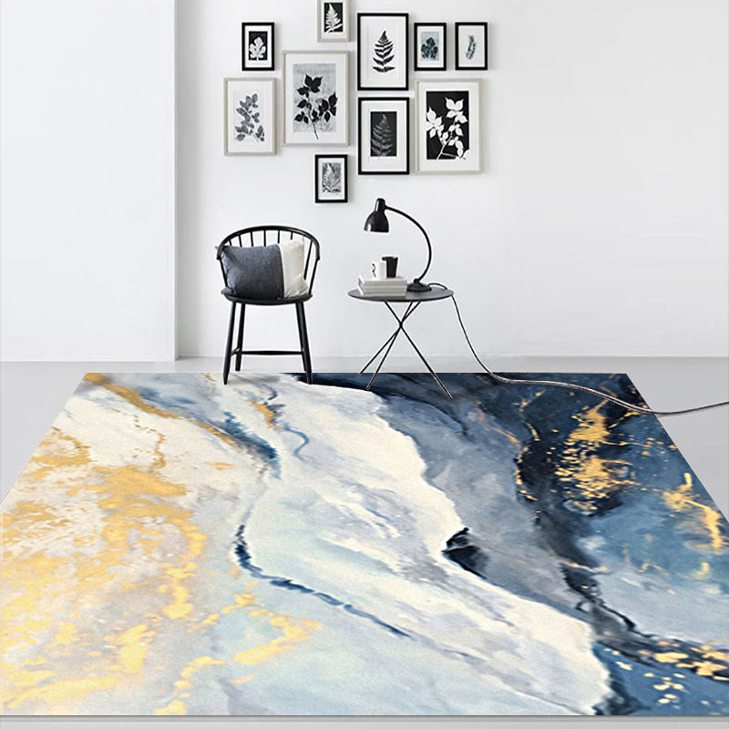 Sikunuo | Blue and Gold Bedroom Carpet Modern Abstract Cloud Pattern Area Rug Polyester Non-Slip Washable Rug