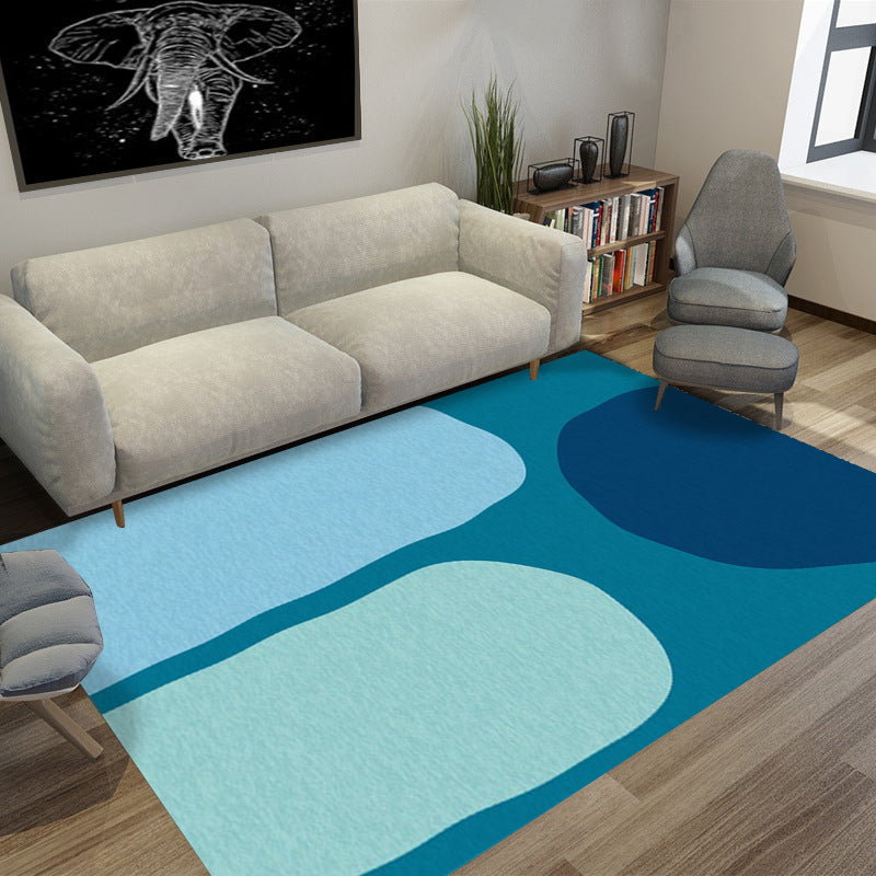 Sikunuo | Blue Bedroom Rug Novelty Color Box Pattern Rug Polyester Machine Washable Rug