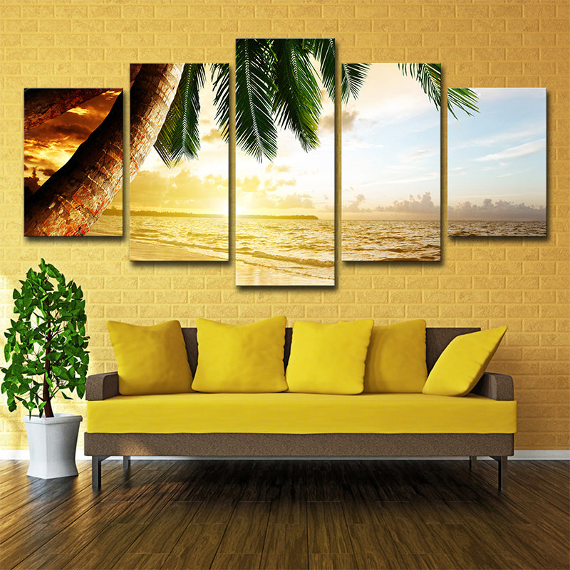 Sikunuo | Beach Palm Tree Canvas Art Tropix Beautiful Sunset over the Sea Scene Wall Decoration in Gold