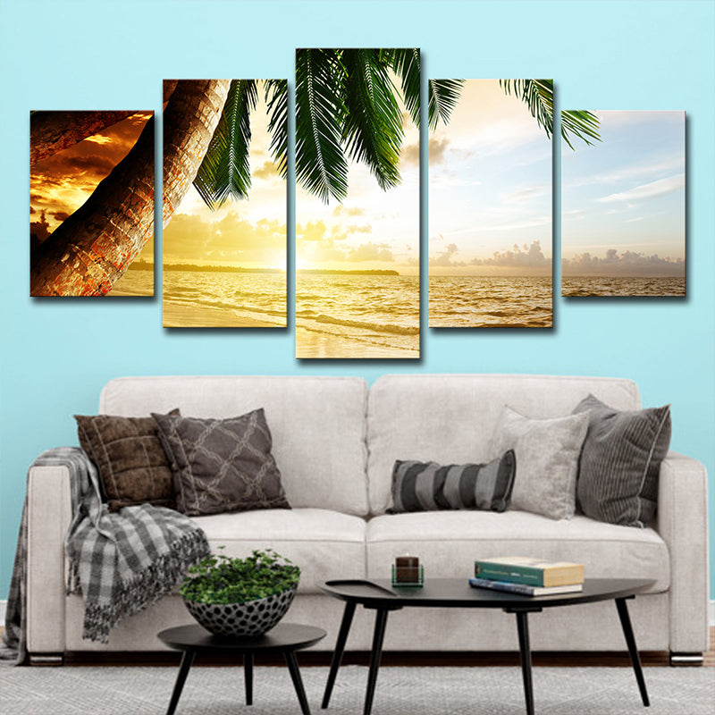 Sikunuo | Beach Palm Tree Canvas Art Tropix Beautiful Sunset over the Sea Scene Wall Decoration in Gold