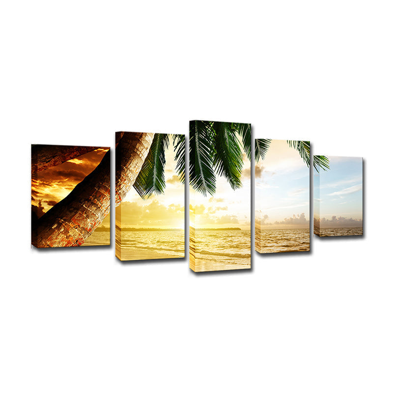 Sikunuo | Beach Palm Tree Canvas Art Tropix Beautiful Sunset over the Sea Scene Wall Decoration in Gold