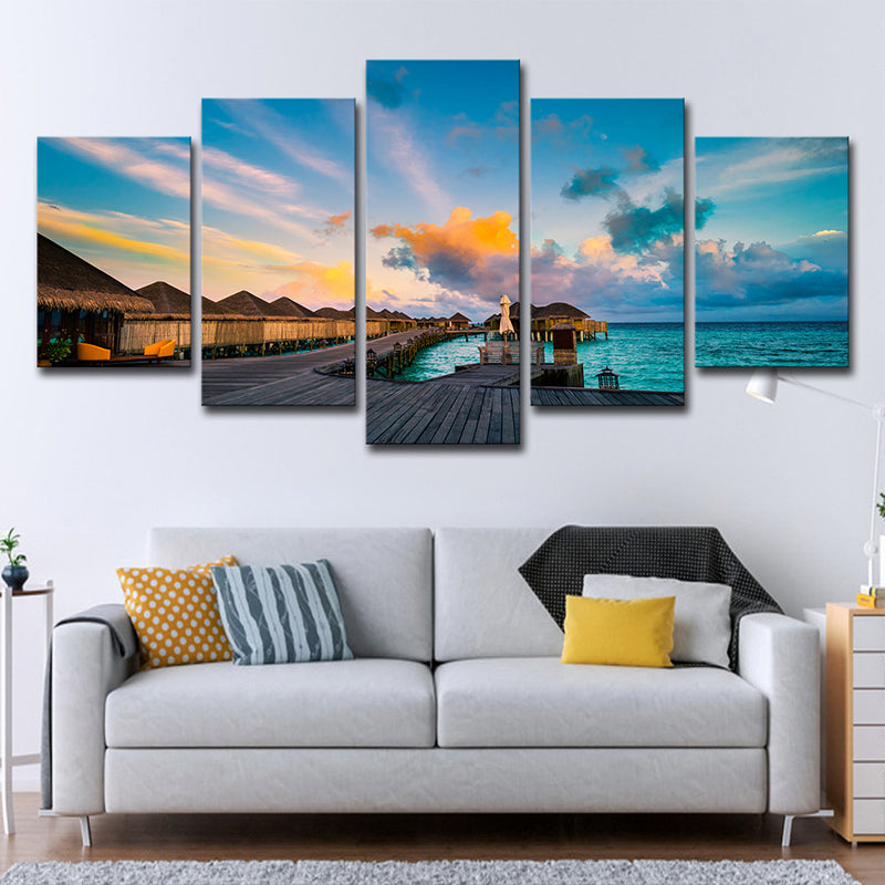 Sikunuo | Maldives Sunset View Wall Art Multi-part Tropical Hotel Canvas Print in Blue