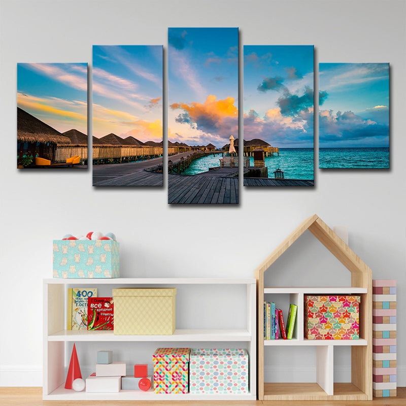 Sikunuo | Maldives Sunset View Wall Art Multi-part Tropical Hotel Canvas Print in Blue