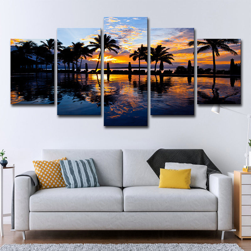 Sikunuo | Tropix Sunset Glow Wall Decoration Print in Orange Palm and Pool Canvas for Room
