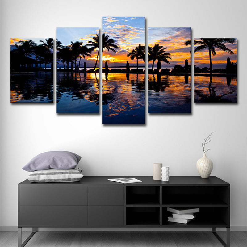 Sikunuo | Tropix Sunset Glow Wall Decoration Print in Orange Palm and Pool Canvas for Room