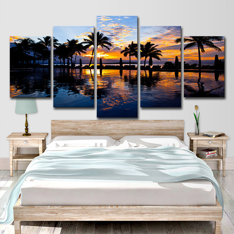 Sikunuo | Tropix Sunset Glow Wall Decoration Print in Orange Palm and Pool Canvas for Room
