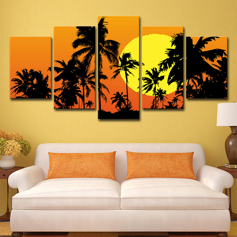 Sikunuo | Tropical Wall Decoration Orange Large Moon Behind Coconut Trees Canvas Print for Home