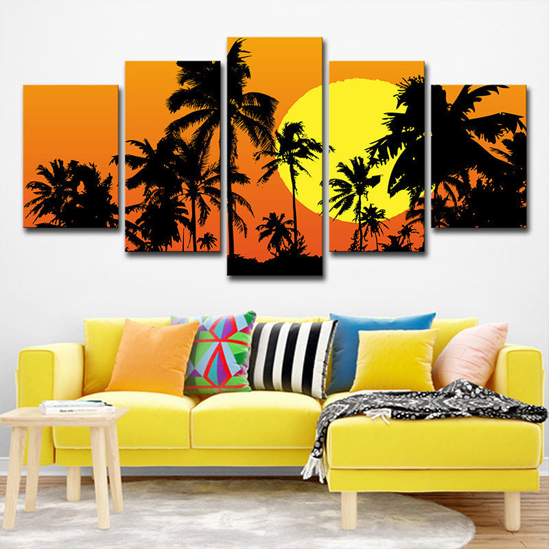 Sikunuo | Tropical Wall Decoration Orange Large Moon Behind Coconut Trees Canvas Print for Home
