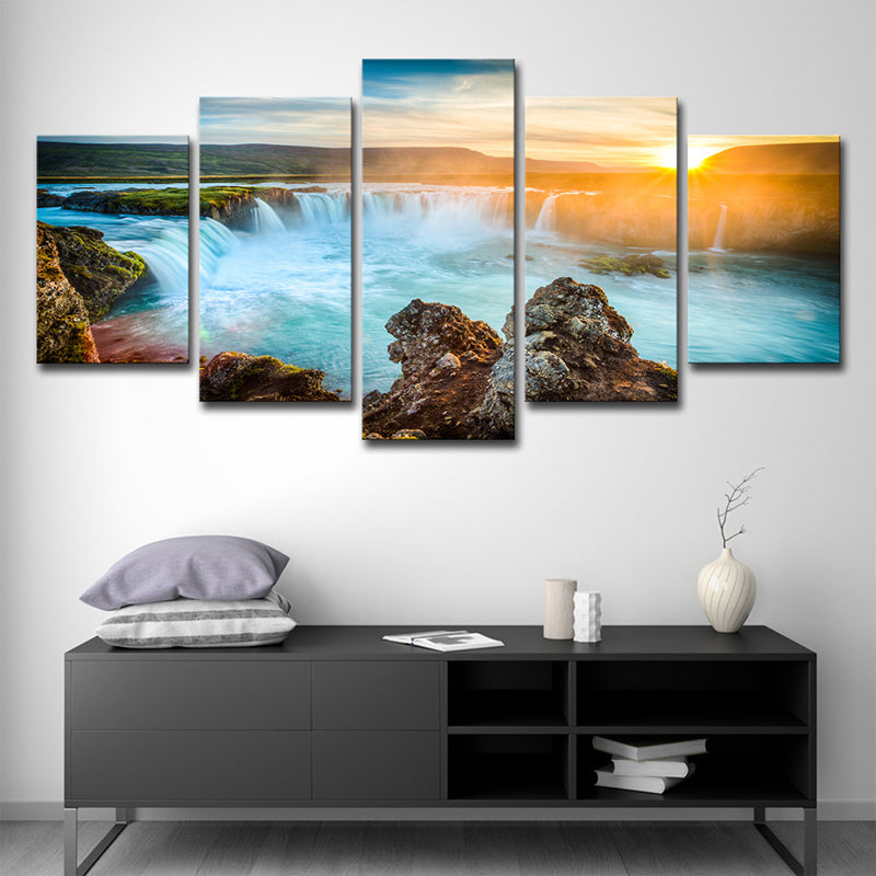 Sikunuo | Great Island Cascades Canvas Art Home Interior Sunset Landscape Wall Decor in Blue