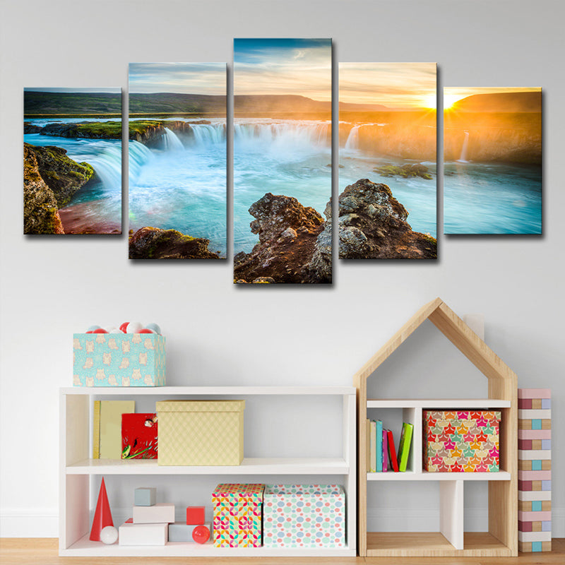 Sikunuo | Great Island Cascades Canvas Art Home Interior Sunset Landscape Wall Decor in Blue