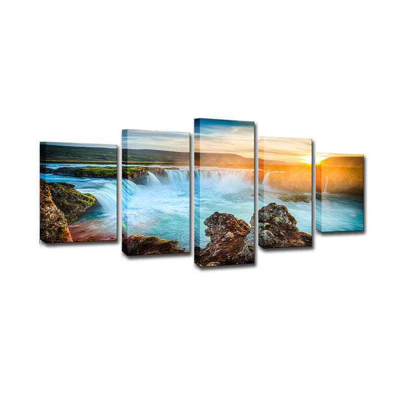 Sikunuo | Great Island Cascades Canvas Art Home Interior Sunset Landscape Wall Decor in Blue