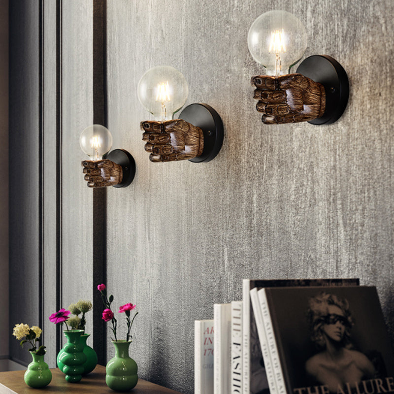 Sikunuo | Brown Hand Wall Lamp Single Light Retro Wood Wall Lamp with Globe Bulb for Hallway