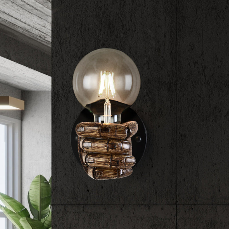Sikunuo | Brown Hand Wall Lamp Single Light Retro Wood Wall Lamp with Globe Bulb for Hallway
