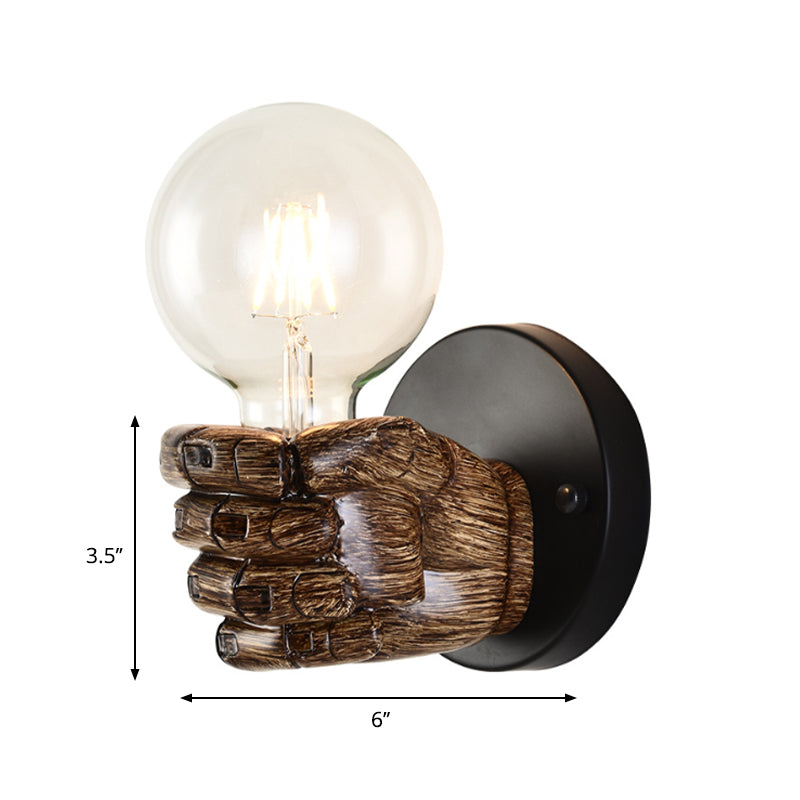 Sikunuo | Brown Hand Wall Lamp Single Light Retro Wood Wall Lamp with Globe Bulb for Hallway