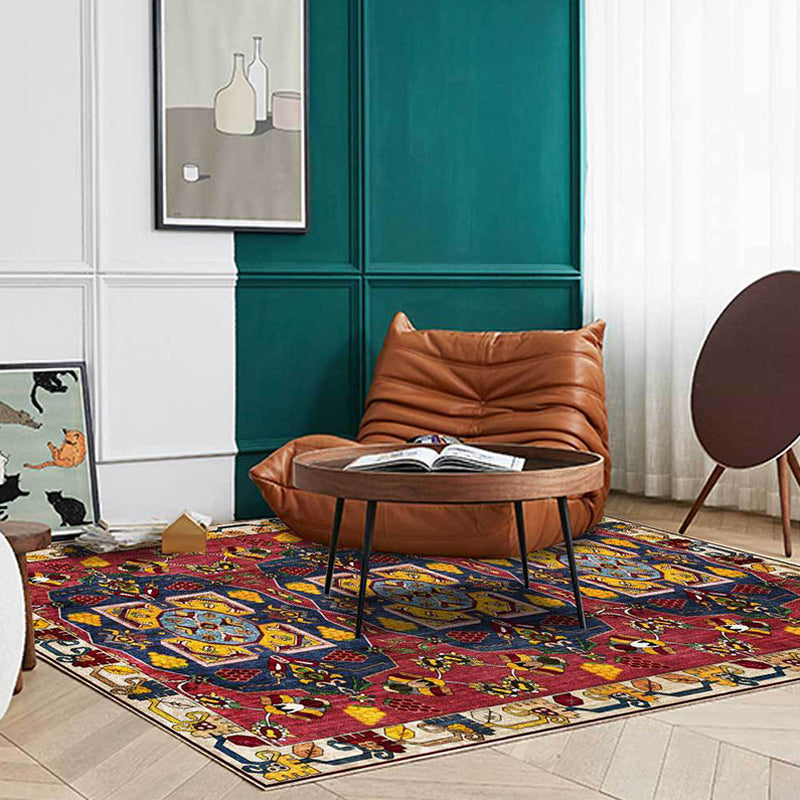 Sikunuo | Red Vintage Carpet Polyester Tribal Pattern Carpet Washable Non-Slip Back Carpet for Living Room