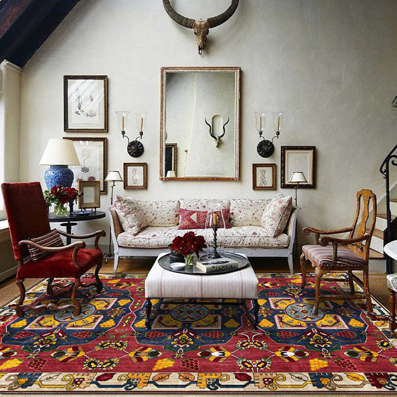 Sikunuo | Red Vintage Carpet Polyester Tribal Pattern Carpet Washable Non-Slip Back Carpet for Living Room