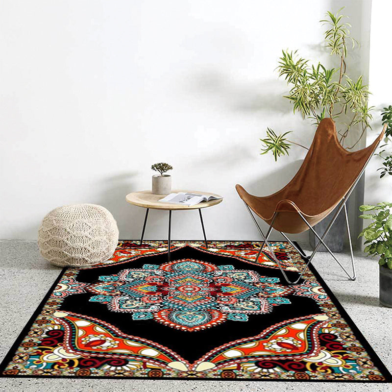 Sikunuo | Mediterranean Moroccan carpet in red and black medallion floral pattern carpet polyester non-slip flooring for living room decoration