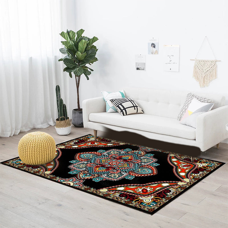 Sikunuo | Mediterranean Moroccan carpet in red and black medallion floral pattern carpet polyester non-slip flooring for living room decoration