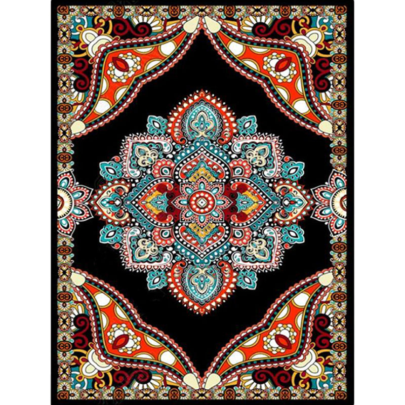 Sikunuo | Mediterranean Moroccan carpet in red and black medallion floral pattern carpet polyester non-slip flooring for living room decoration