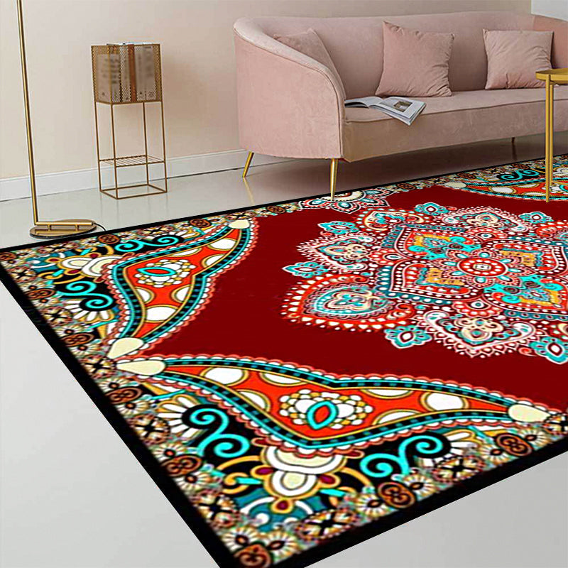 Sikunuo | Mediterranean Moroccan carpet in red and black medallion floral pattern carpet polyester non-slip flooring for living room decoration