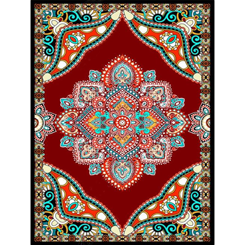 Sikunuo | Mediterranean Moroccan carpet in red and black medallion floral pattern carpet polyester non-slip flooring for living room decoration