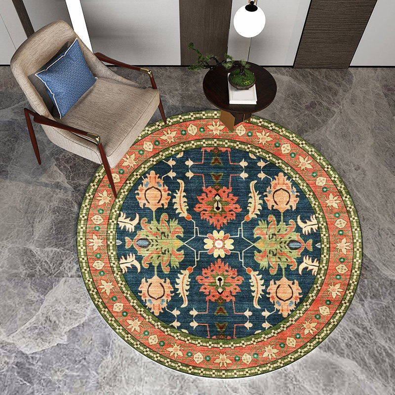 Sikunuo | Persian medallion pattern rug with floral blue and green polyester, machine washable, non-slip rug for the bedroom
