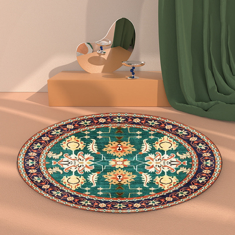 Sikunuo | Persian medallion pattern rug with floral blue and green polyester, machine washable, non-slip rug for the bedroom