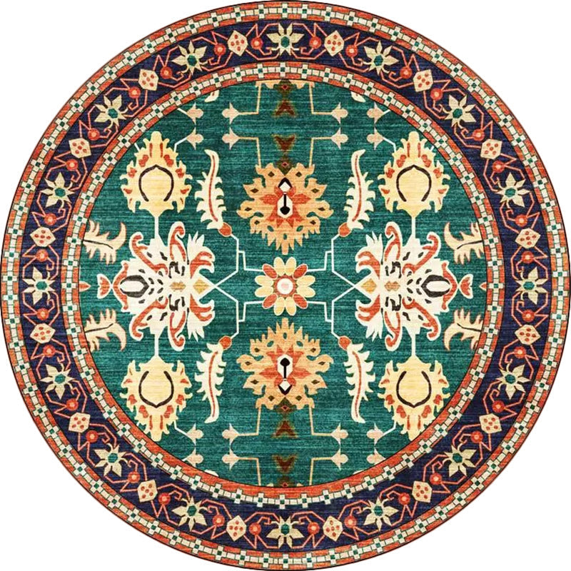 Sikunuo | Persian medallion pattern rug with floral blue and green polyester, machine washable, non-slip rug for the bedroom