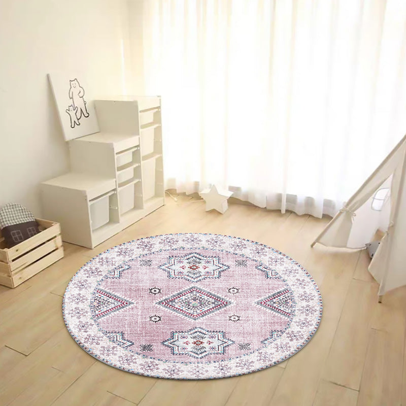 Sikunuo | Vintage Medallion Pattern Rug Pink and Red Tribal Rug Polyester Washable Non-Slip Back Rug for Living Room