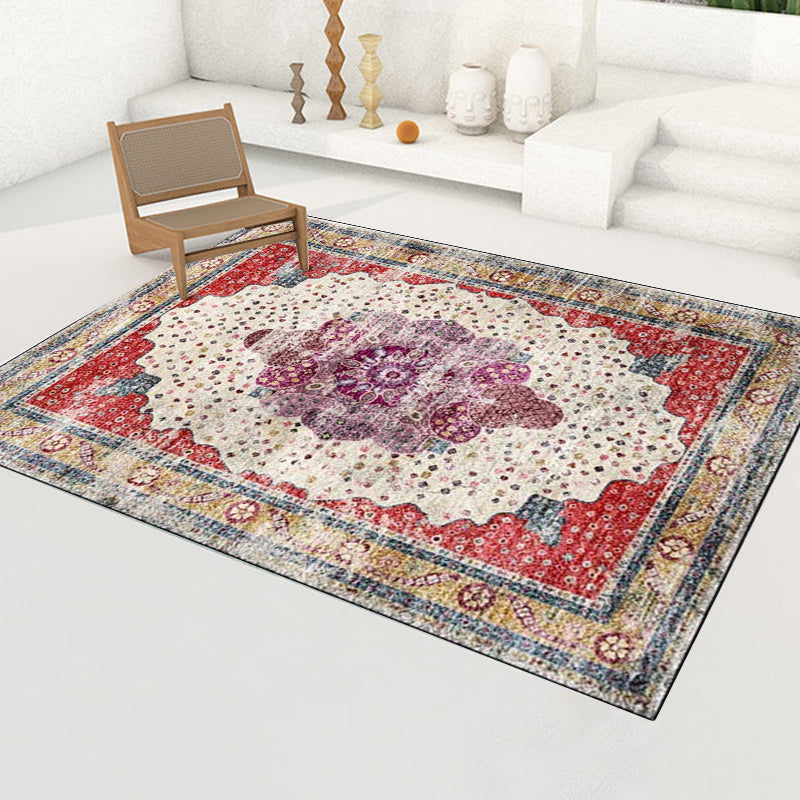Sikunuo | Red Bedroom Carpet Moroccan Medallion Floral Dot Pattern Carpet Polyester Pet-Friendly Carpet