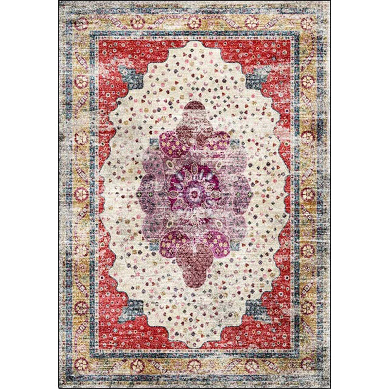 Sikunuo | Red Bedroom Carpet Moroccan Medallion Floral Dot Pattern Carpet Polyester Pet-Friendly Carpet