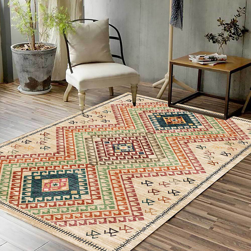 Sikunuo | Southwest Living Room Carpet in Yellow Diamond Print Carpet Polyester Stain Resistant Non-Slip Carpet
