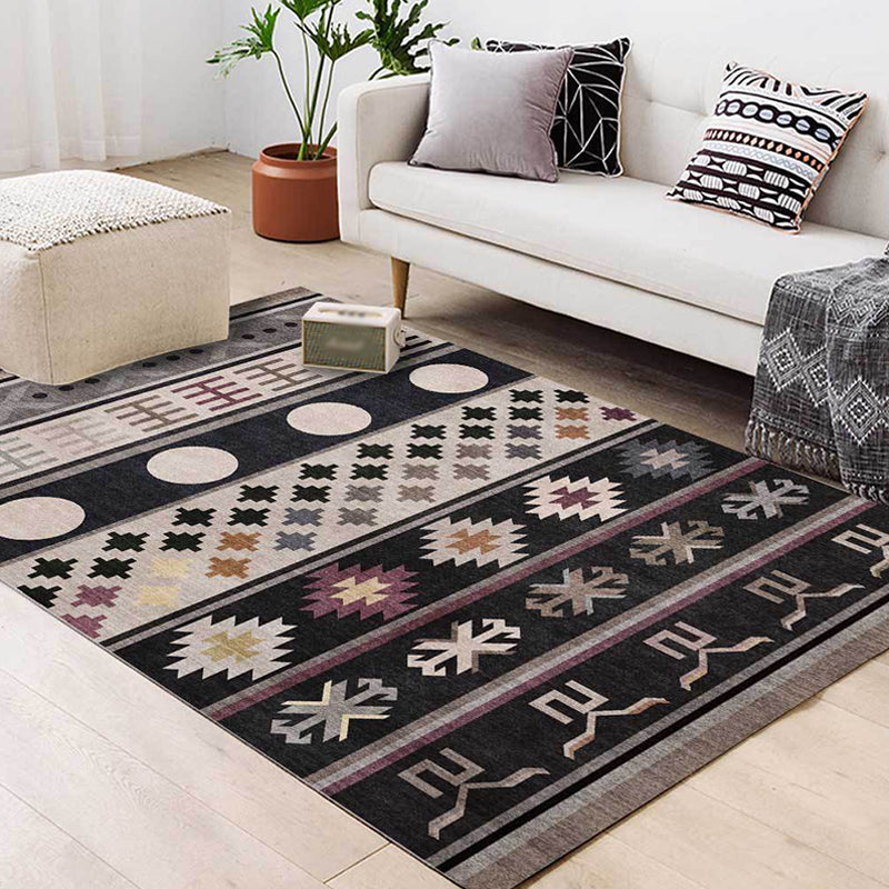 Sikunuo | Black Southwestern Rug Polyester Tribal Pattern Rug Washable Non-Slip Backing Rug for Living Room