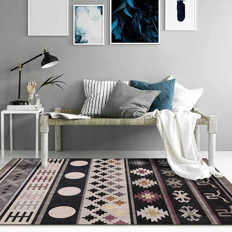 Sikunuo | Black Southwestern Rug Polyester Tribal Pattern Rug Washable Non-Slip Backing Rug for Living Room