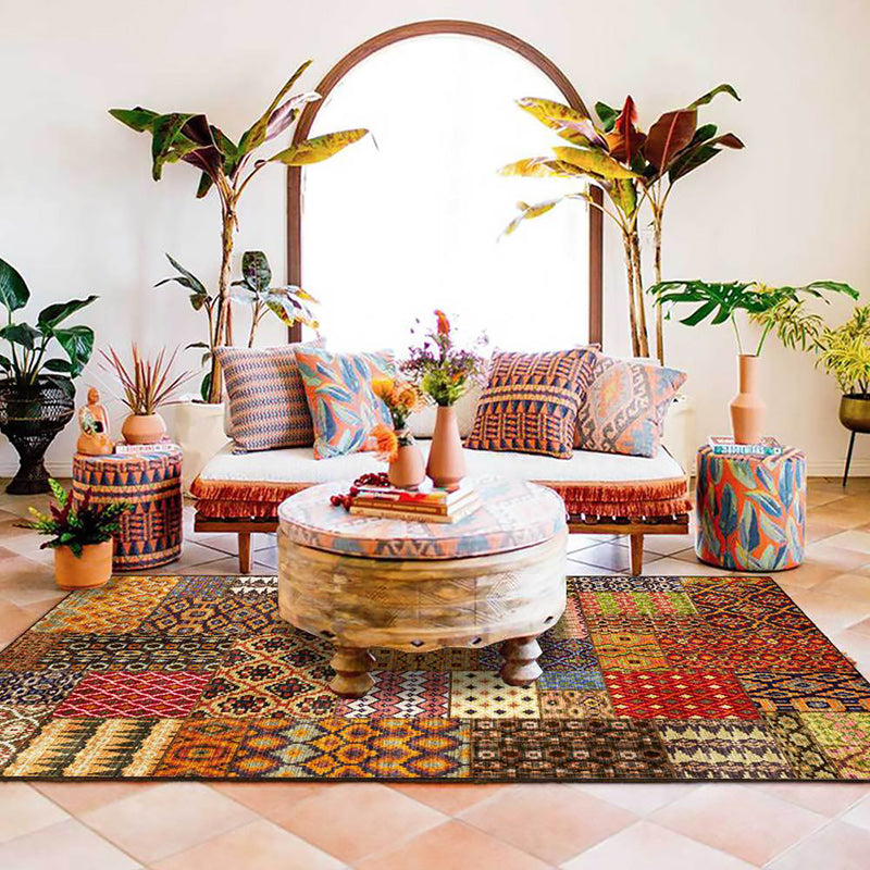 Sikunuo | Retro ethnic pattern rug Brown polyester rug machine washable non-slip backing area rug for living room
