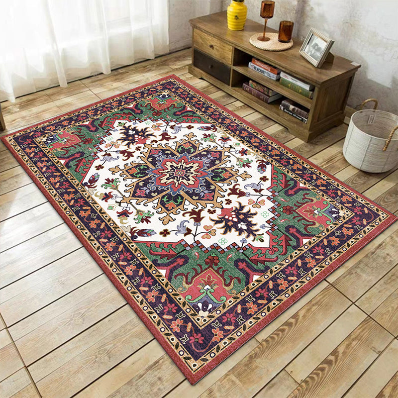 Sikunuo | Oriental Moroccan Carpet in Red and Green Medallion Flower Petal Pattern Carpet Polyester Non-slip Doormat for Home Decor