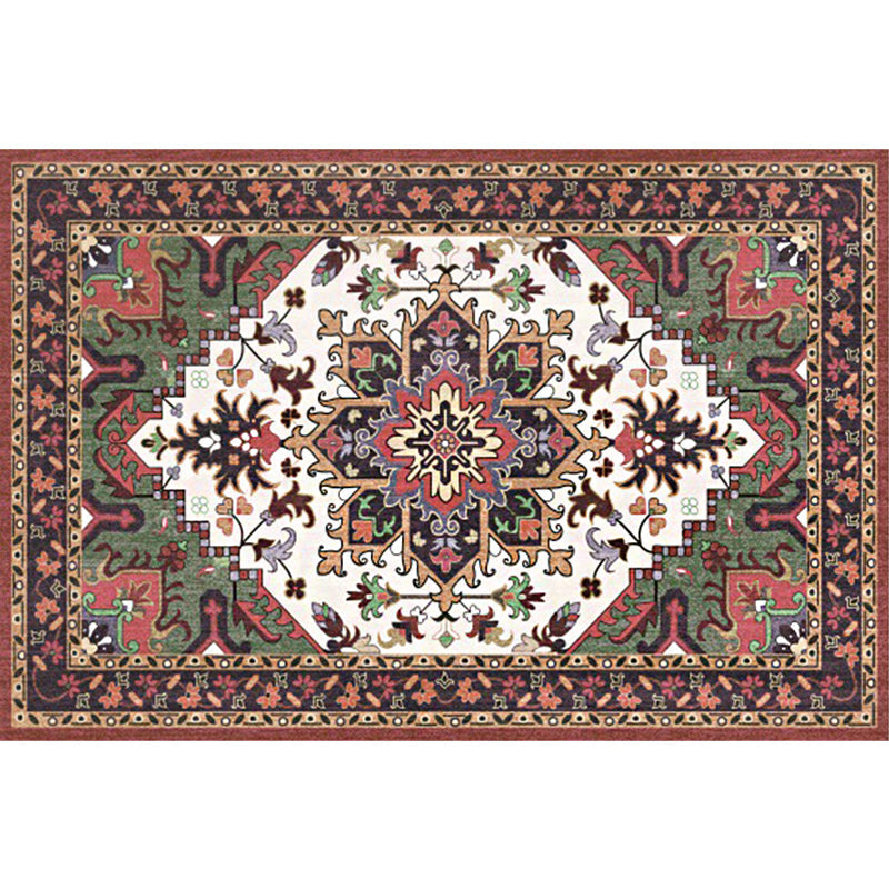 Sikunuo | Oriental Moroccan Carpet in Red and Green Medallion Flower Petal Pattern Carpet Polyester Non-slip Doormat for Home Decor