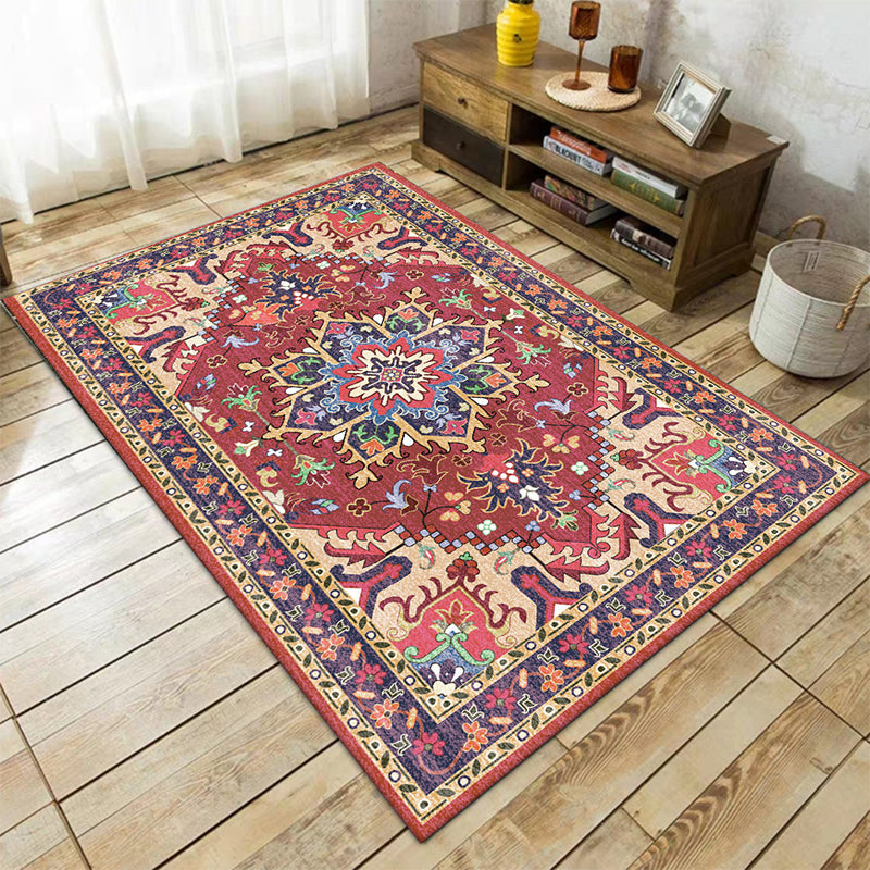 Sikunuo | Oriental Moroccan Carpet in Red and Green Medallion Flower Petal Pattern Carpet Polyester Non-slip Doormat for Home Decor