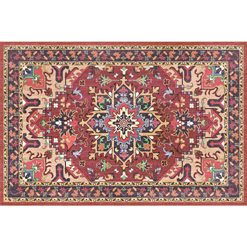 Sikunuo | Oriental Moroccan Carpet in Red and Green Medallion Flower Petal Pattern Carpet Polyester Non-slip Doormat for Home Decor