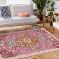 Sikunuo | Moroccan living room rug in pink medallion floral pattern rug polyester machine washable non-slip rug