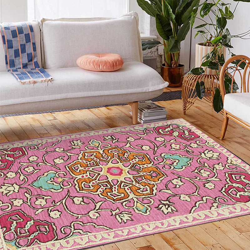 Sikunuo | Moroccan living room rug in pink medallion floral pattern rug polyester machine washable non-slip rug