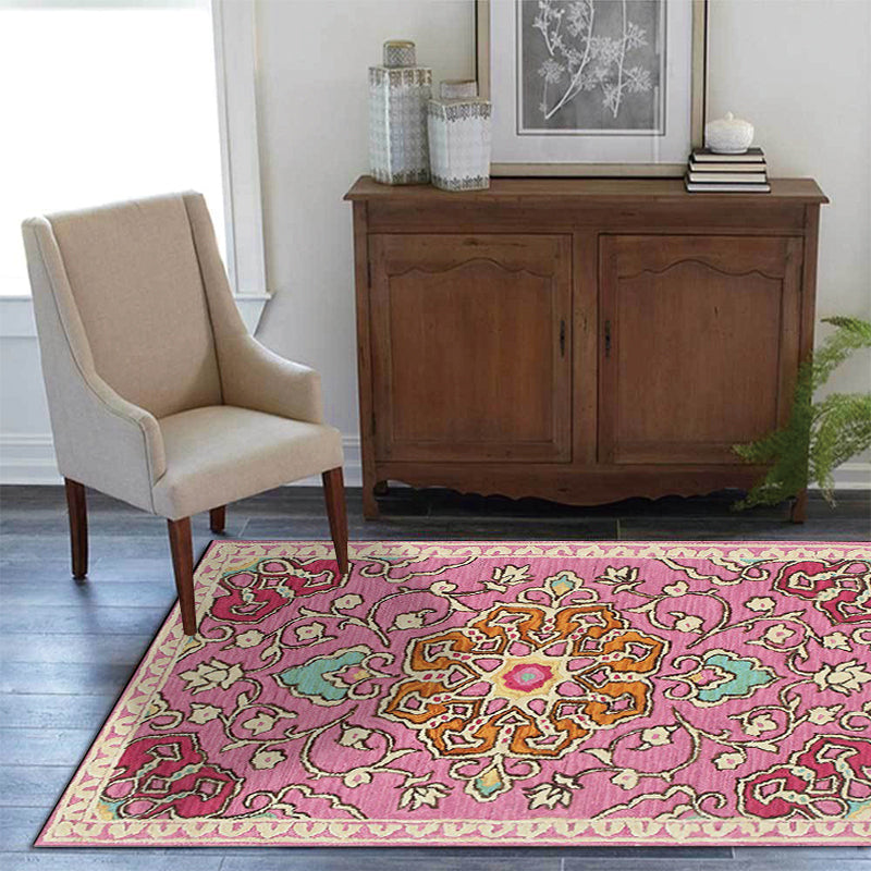 Sikunuo | Moroccan living room rug in pink medallion floral pattern rug polyester machine washable non-slip rug