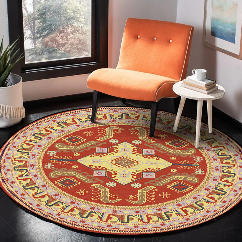 Sikunuo | Red Moroccan Carpet Polyester Medallion Print Carpet washable non-slip backing Carpet for Living Room