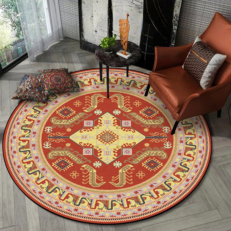 Sikunuo | Red Moroccan Carpet Polyester Medallion Print Carpet washable non-slip backing Carpet for Living Room