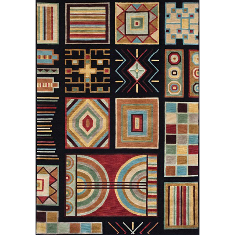 Sikunuo | Black Multicolored Southwest Rug Polyester Checkered Pattern Rug Washable Non-Slip Back Rug for the Living Room