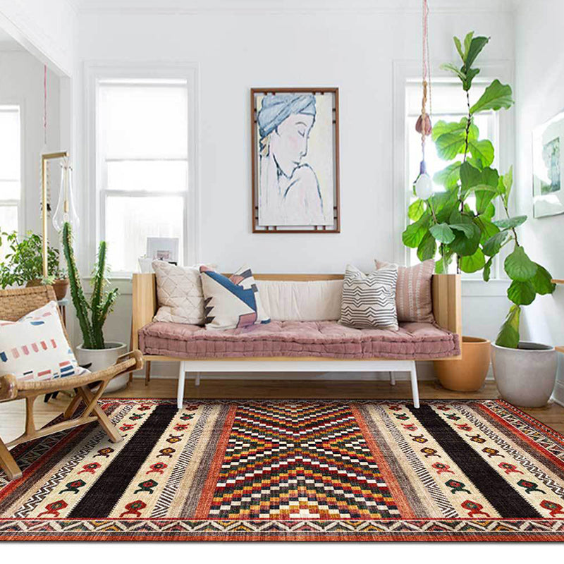Sikunuo | Vintage Tribal Print Rug Red Americana Rug Polyester Machine Washable Non-Slip Back Rug for Bedroom