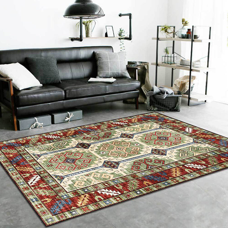 Sikunuo | Unique Tribal Pattern Rug Green and Red Southwest Rug Polyester Machine Washable Non-Slip Back Rug for Bedroom