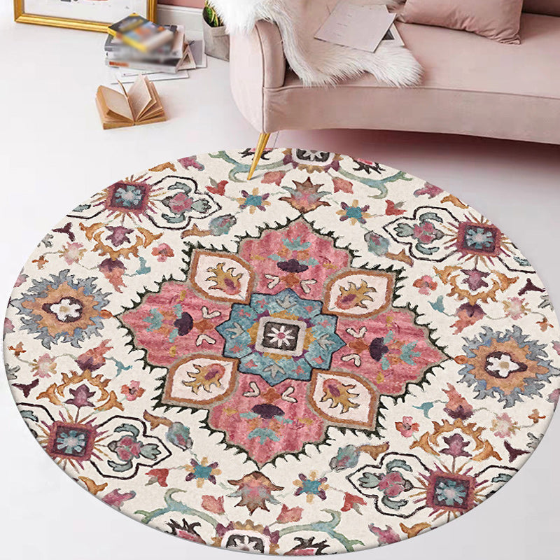 Sikunuo | Pink Moroccan Carpet Polyester Medallion Print Carpet washable non-slip carpet for living room