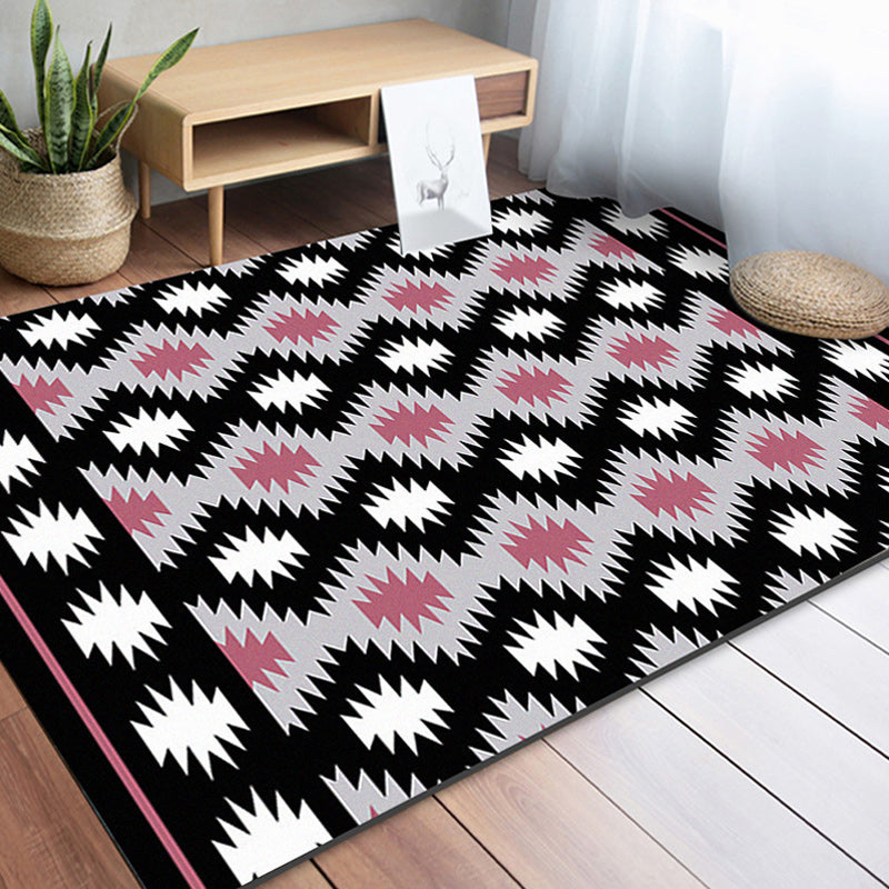 Sikunuo | Southwestern Living Room Rug in Black Geometric Print Rug Polyester Stain Resistant Washable Area Rug